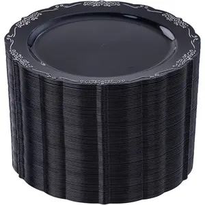 60 count Black and  Plastic Plates, Heavy Duty Black and  Disposable Plates  7.5 inch Dessert Cake Salad Appetizer Plate Hard Plastic Plate Disposable for Party Wedding