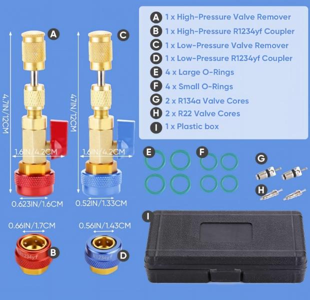 AC Schrader Valve Core Remover Installer Hand Tool Kit with Knurled Grip, R134a Ready HVAC Refrigeration Maintenance Set, Tools for Mechanics, Car Accessories, Compatible with R1234YF/R22 Systems, W/ Spare Valve Cores & Rubber O-Ring Seals