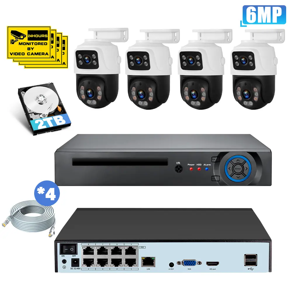 KERUI 8CH PoE NVR Security Camera System with 4PCS 6MP Dual-Lens PTZ Dome & Fixed Wide-Angle Cameras, 270° Pan, 90° Tilt, H.265+ 24/7 Recording, Human Detection, 2-Way Audio, IP66, ICSee/XMEYE Pro Remote View, Plug & Play (HDD, Network Cable Included)