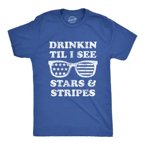 Mens Drinkin Til I See Stars and Stripes T Shirt Funny 4th Of July Sunglasses Graphic Tee Mens Funny T Shirts Cool Vintage Fashion T-Shirt Gift Classic Menswear Patriotic Apparel for Men Funny Drinking Short Royal