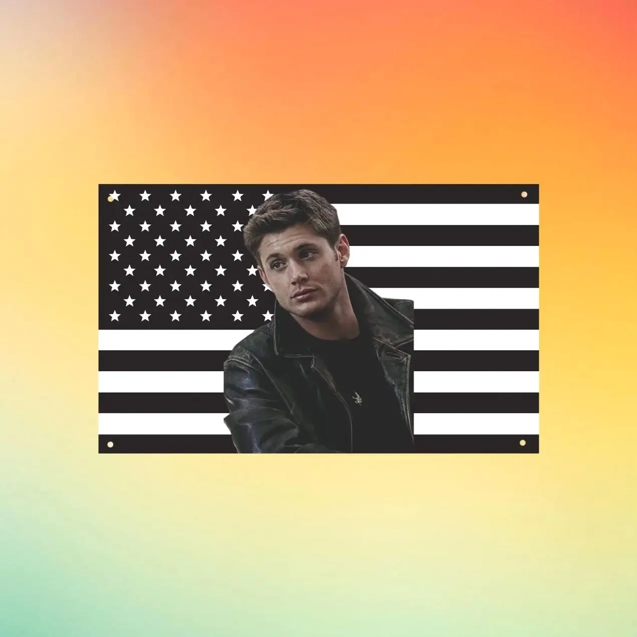 Dean Winchester USA Flag Wall Tapestry, Supernatural Wall Flag, Jensen Ackles Bedroom Decor, Black White Fan Gift