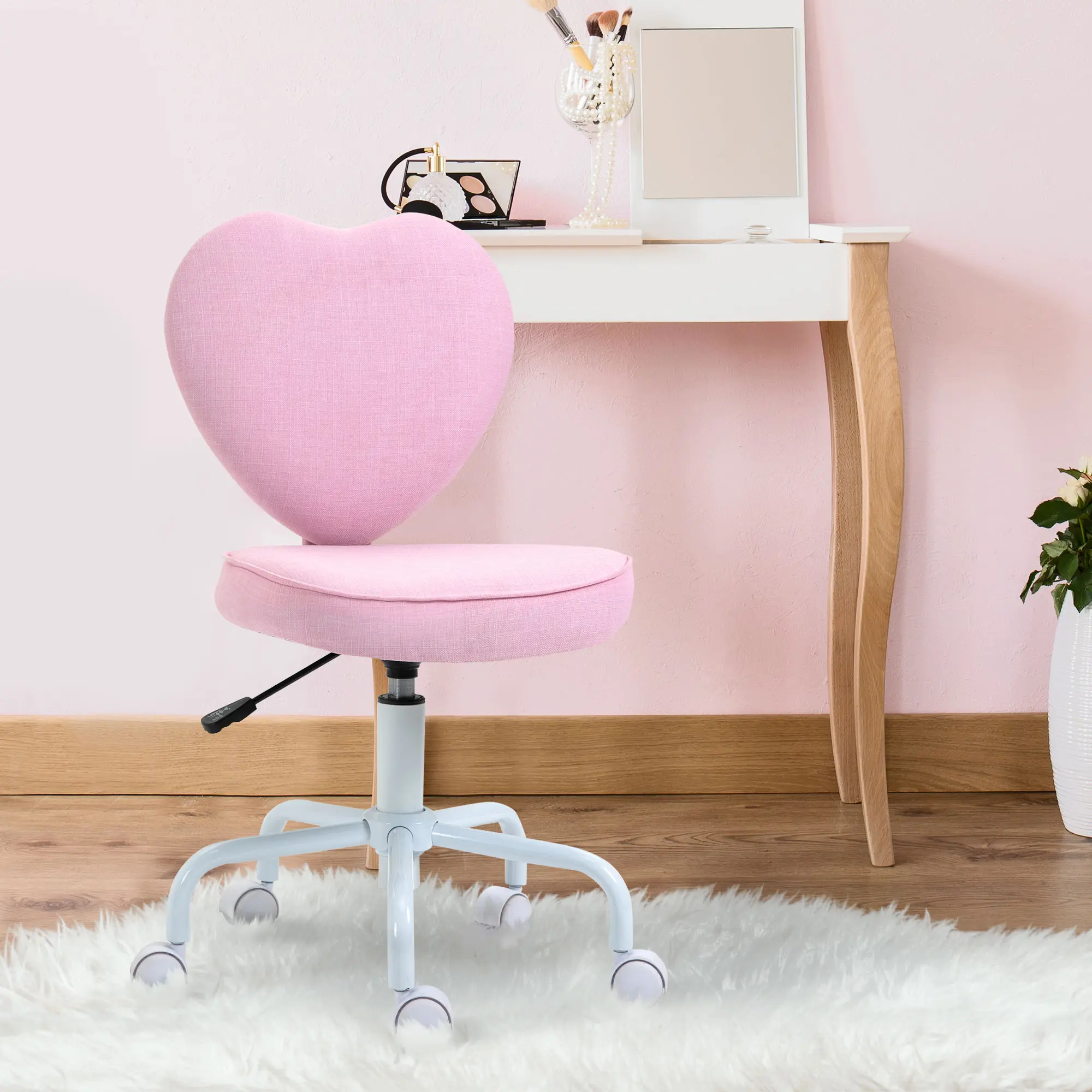 Adorable Pink Office Desk Chair - Unique Heart-Shaped Back Design, Adjustable Height Task Chair for Women's Home Office & Vanity Seating