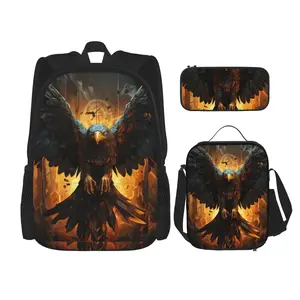 Naloa Cool Black Eagle Print Large Capacity Backpack Lunch Bag Pencil Case Combination 3 Piece Set for Student