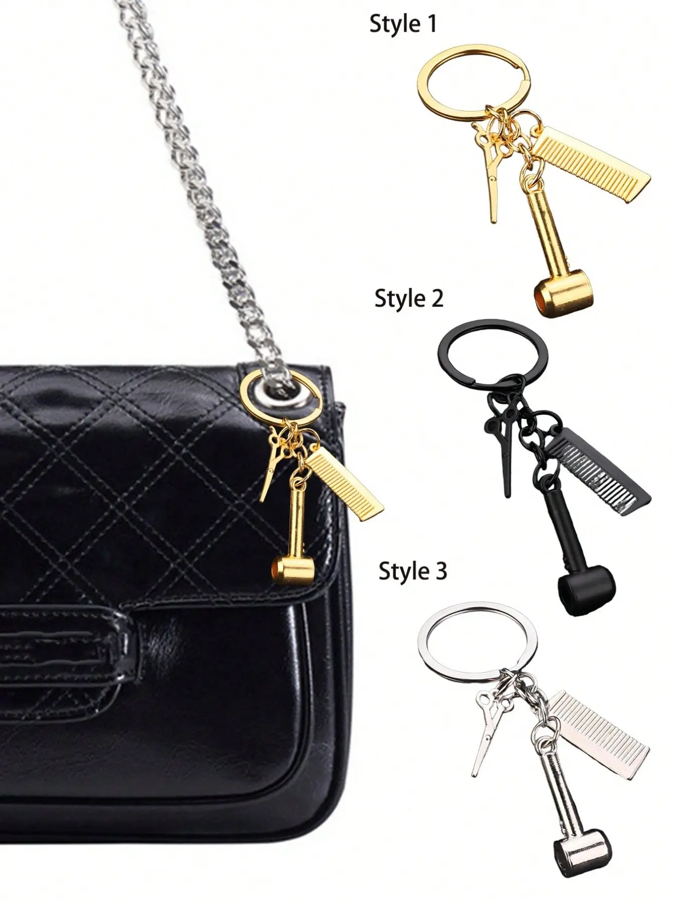 Hair Tool Theme Metal Keychain Set, Includes Scissors Hairdryer Comb Pendant, DIY Car Key Chain, Salon Gift for Hairstylists