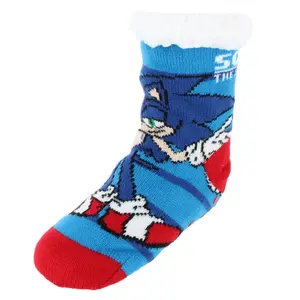 Textiel Trade Boy's Sherpa Lined Slipper Socks, Sonic the Hedgehog Graphic Slip-On House Sock with Non-Slip Grippers