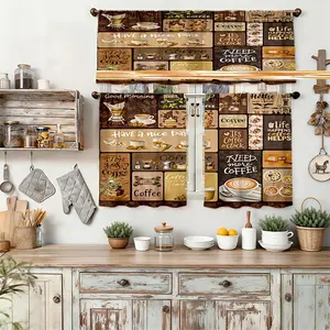 3pcs Retro Hand-Drawn Coffee Theme Kitchen Curtains |   Warm Colors, Ideal for Coffee Festival Gifts, Designed for Rod Pocket Hanging, Home Decor, Artistic Print, Multiple Sizes Available (Rod Not Included) Tier & Valance Set