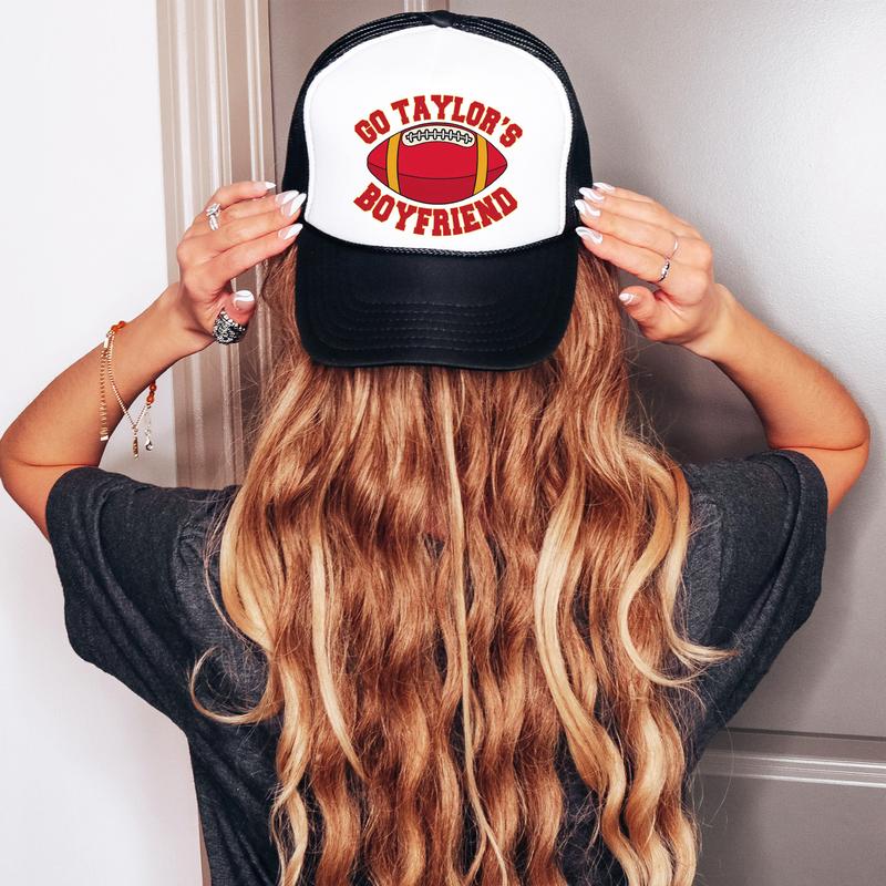 Go Taylor's Boyfriend Football Season Trucker Hat - Kansas Football Red and Gold Cap - Funny Travis Fan Snapback for Women and Teens