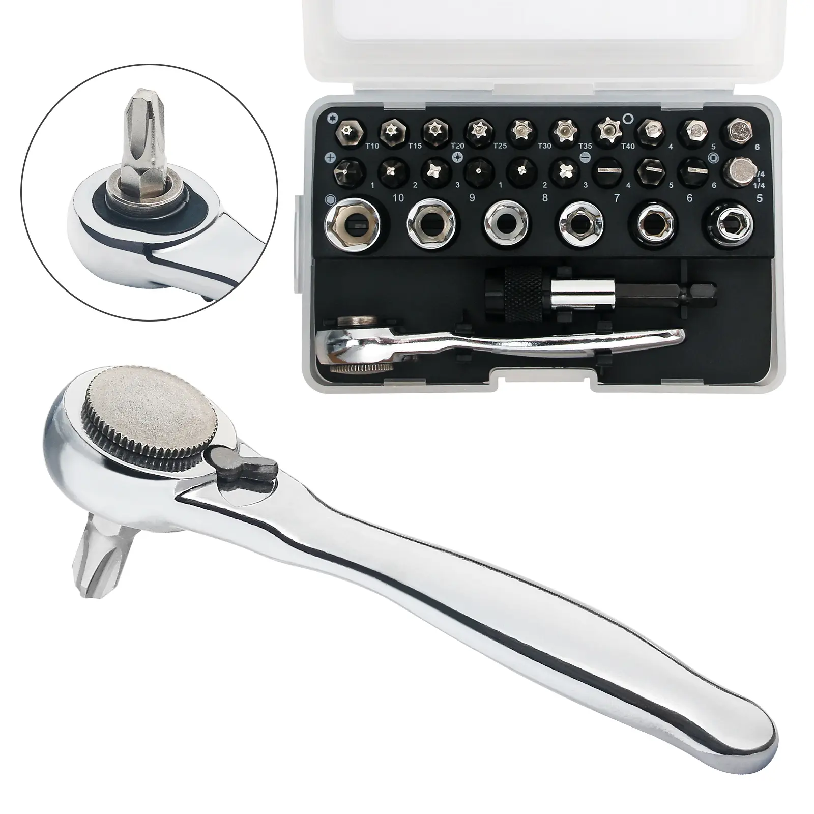 SHARDEN 1/4 Mini Ratchet Set 28pcs Right Angle Screwdriver and Bit with Metric Socket Set, 72 Tooth Small Ratcheting Wrench Offset Screwdriver Low Profile Stubby Ratchet for Tight Spaces