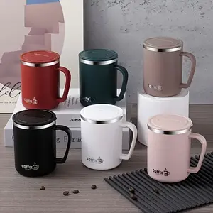 Double Wall Insulated 16.91oz Stainless Steel Coffee Mug with Lid Ergonomic Handle Spill-Proof Design Perfect Gift Coffee Bar Accessories Drinkware Flasks Tumbler Bottled Portable Water Bottles Black