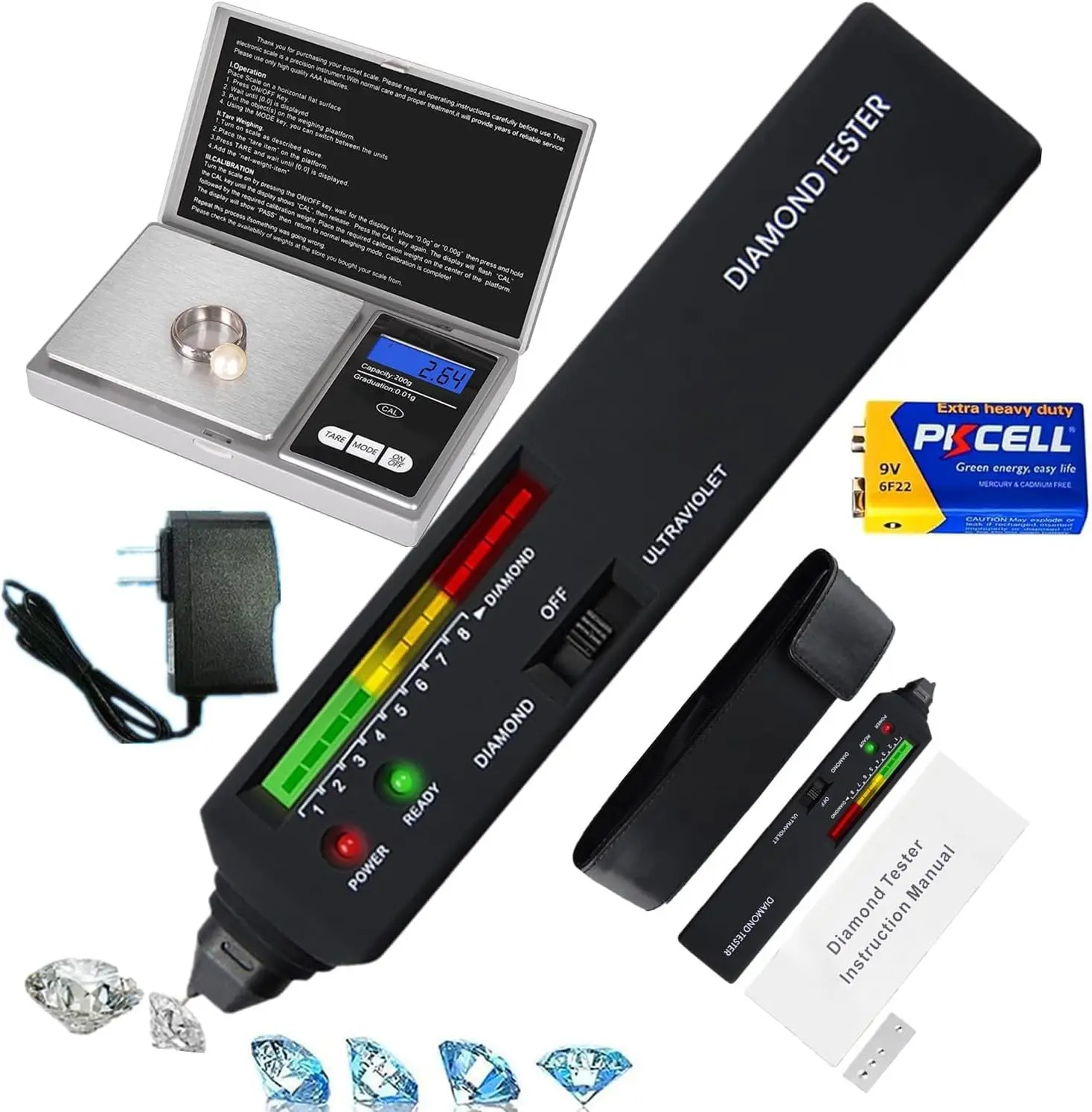 Professional Diamond Tester Pen with 365nm UV Light & Thermal Sensor – Fast 0.5s Detection, 200g/0.01g Mini Jewelry Scal, Diamond Selector for Novice and Expert (Non-Rechargeable)