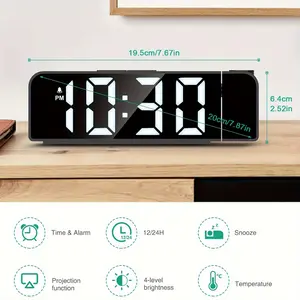 Latest 7.9 inch Large Screen LED Projection Alarm Clock 180 Degree Rotatable Bedside Display USB Digital Clock with Temperature Display Snooze Function Time Memory Adjustable Brightness Night Mode Backlight Projection for Home Office
