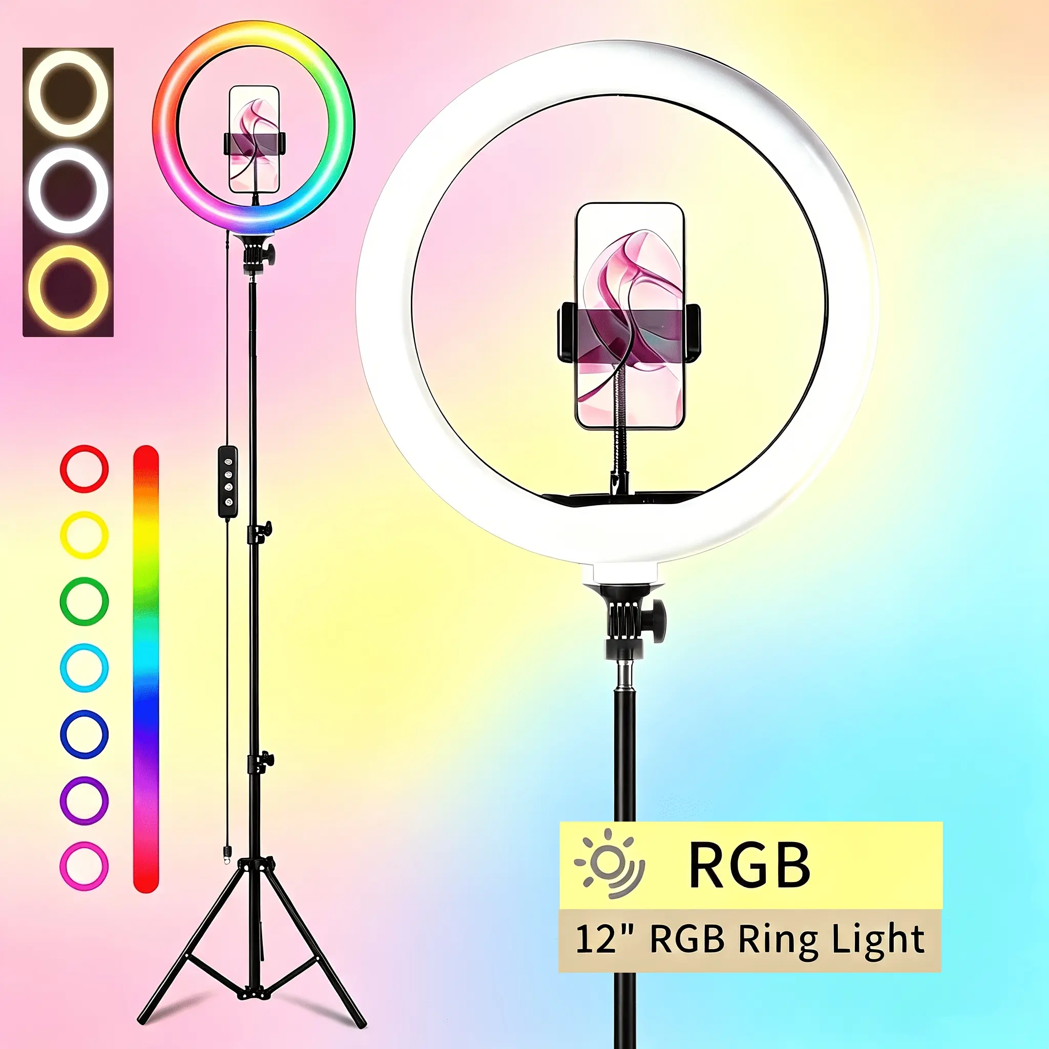 12-inch RGB Ring Light Kit with Adjustable 57-in Tripod Stand (Tripod for iPhone), Dual Phone Holders, Dimmable USB-Powered Color-Changing LEDs for Live Streaming, Vlogging, Smartphone/Tablet Photography,techvibes