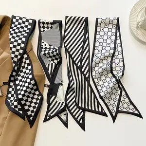 New Checkered Black Silk Scarf Headband Elegant Bag Accessory Gift with Bow Fashion Daily Polyester Plaid Design