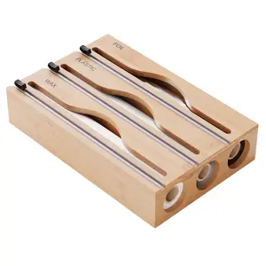 Bamboo Kitchen Drawer Storage Box with Tin Foil and Cling Film Cutter, 2-Tone Natural Home Organizer for Countertop