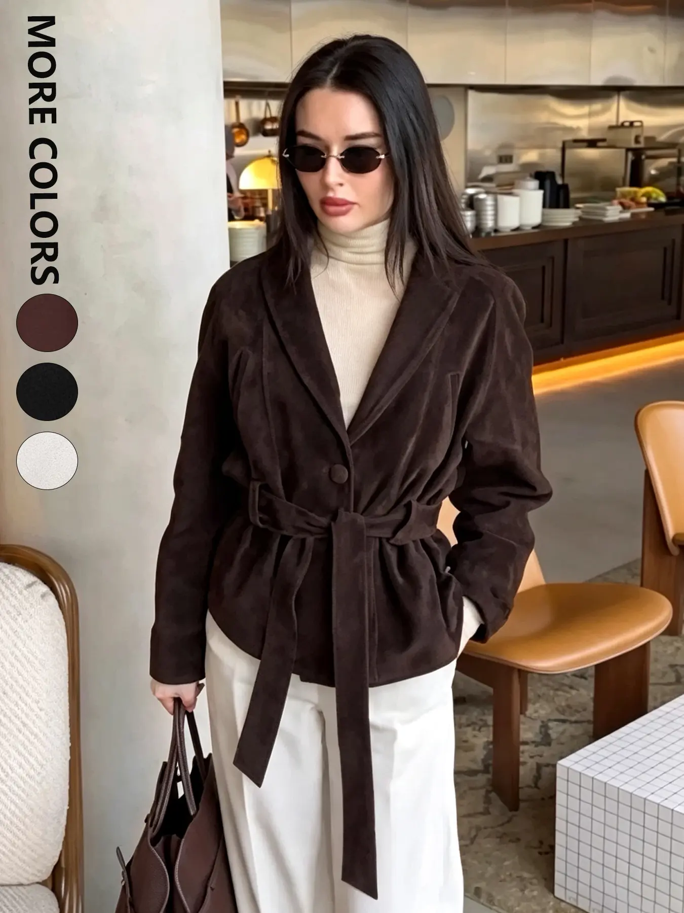 Women's Coat V-Neck Button Front Cardigan Woolen Coat, Fall & Winter Fashion, Slim-Fitting Waist Tie Design, Comfortable Daily Wear Outerwear Casual Jackets Womenswear Tops