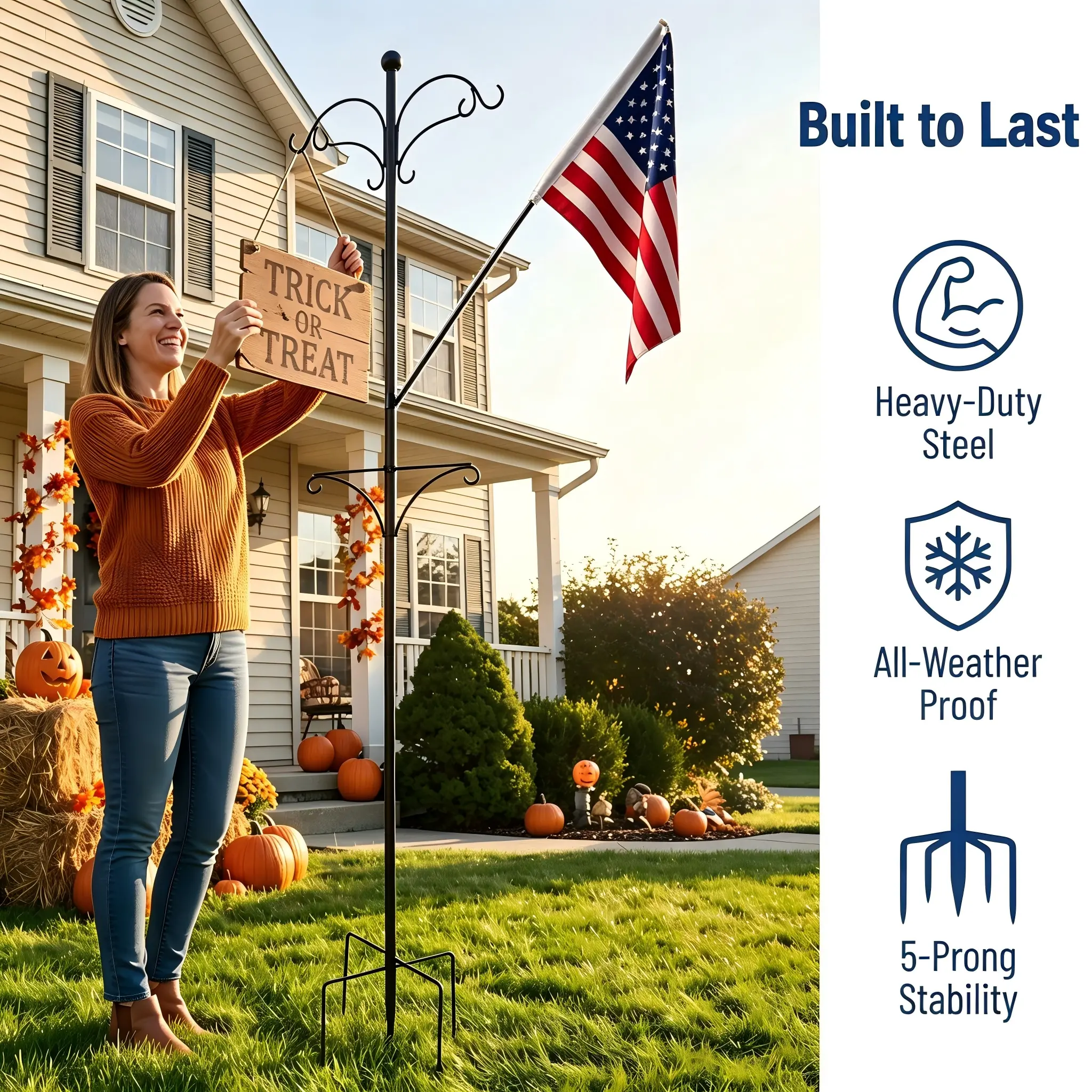 2-in-1 Heavy-Duty Steel Metal Garden Flag Stand with 5-Prong Base, Multi-Hooks, Rust-Proof Flagpole, Included US Flag for Halloween Decorations, Fall Yard, Outdoor Lawn Patio