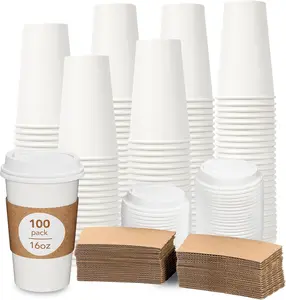 100 Pack 16oz Disposable Coffee Cups with White Lids & Sleeves Bulk Thickened Paper for Hot Drinks, Leak Proof Design, DIY Customizable.