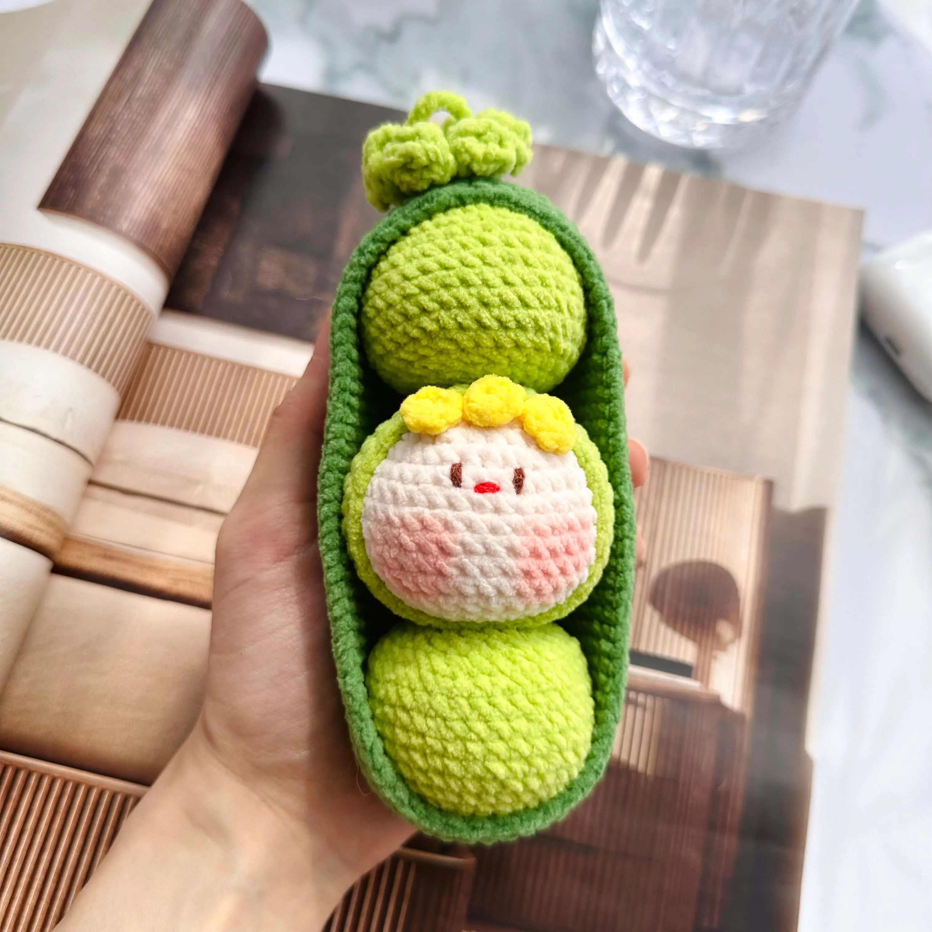 New Collectible Cloth Crochet Pea Pod Plushie with Removable Peas