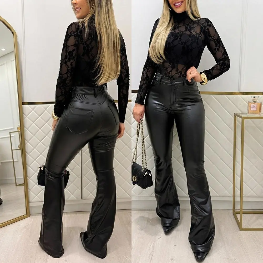 CHICME Women's High Waisted PU Leather Flare Pants Stretch Faux Leather Trousers with Pockets