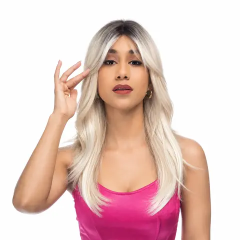 19-Inch Warm Light Blonde Balayage Ombré (Dark Roots, Platinum Underlights) Wavy Layered Cut Synthetic Wig | 【Heat Resistant】 【Cap Included】 | #51FSGBPM
