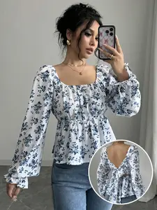Women's Casual Floral Belted Bubble Sleeve Shirt, Spring Summer Pleated Blouse, Ladies Fashion Top, Comfortable and Stylish