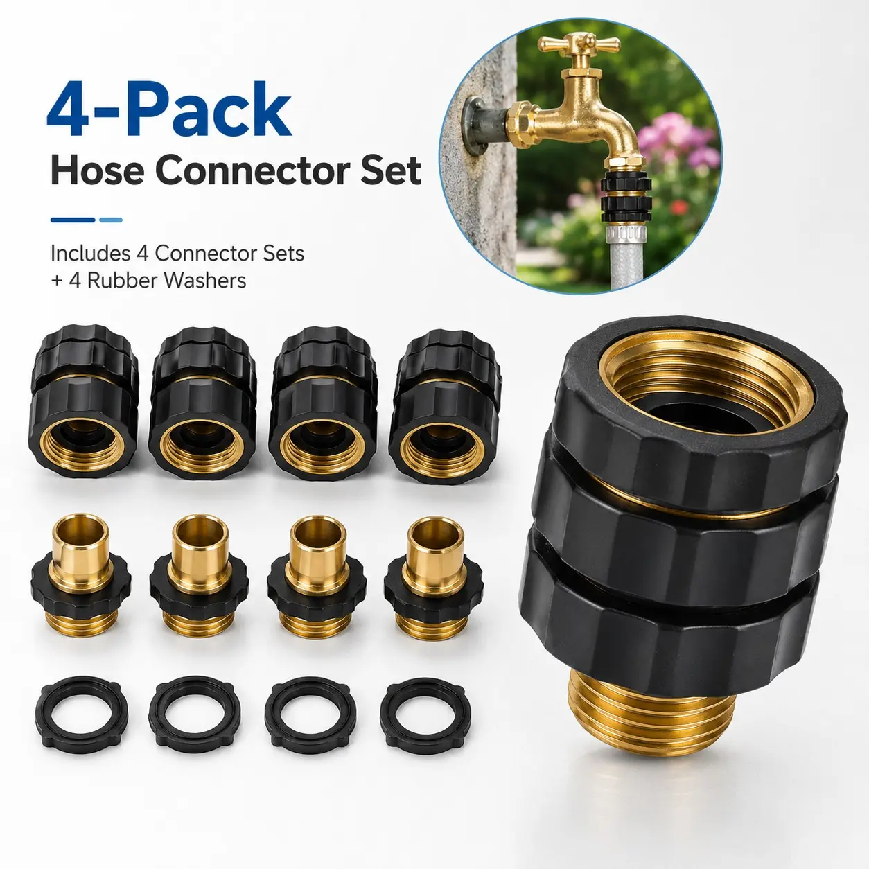 4 sets of garden pipe fittings, brass hose connectors with 4 rubber gaskets, outdoor faucet adapters, suitable for garden pipes and spray gun nozzles, easy-to-tighten leakproof sealing repair parts