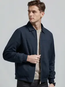 Men's Spring and Autumn Casual Jacket, Zipper Closure - Ribbed Bottom Design, Simple Solid Color Light Business Collar Jacket, Machine Washable, Polyester Fiber, Easy to Care for Fabric, Suitable for Daily Leisure, Work Travel, and Formal Wearing