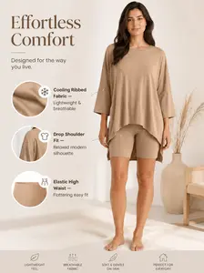 TexTale Women’s 「1×1 Rib knit」 Lounge Set Crewneck Drop Shoulder 2 Piece Outfit