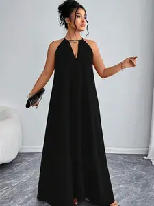 Elegant Halter Neck Maxi Dress, Loose Fit, Sleeveless, Black, For Women, Special Occasion Wear