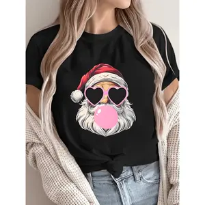 Festive Womens Santa Claus Graphic Tee with Pink Heart Glasses Bubble Gum Design Comfortable AllSeason Crew Neck T Shirt