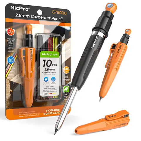 Nicpro Magnetic Mechanical Carpenter Pencils Set - 2.8mm Pencil, Sharpener, 10 Refills (10 Pens Equivalent), Magnetic Pickup Tool, Precise Deep Hole Marker for Woodworking Construction, Accurate Markings & Detailed Work Office Stationery