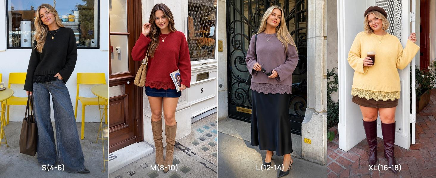 ZESICA Women's Fall Winter Sweaters Long Sleeve Lace Trim Pullover Tops | 2026 Casual Crew Neck Sweater, Loose Soft Knitted Jumper Tops, Work Office Vacation Outfits, Spring Fall Trendy Clothes