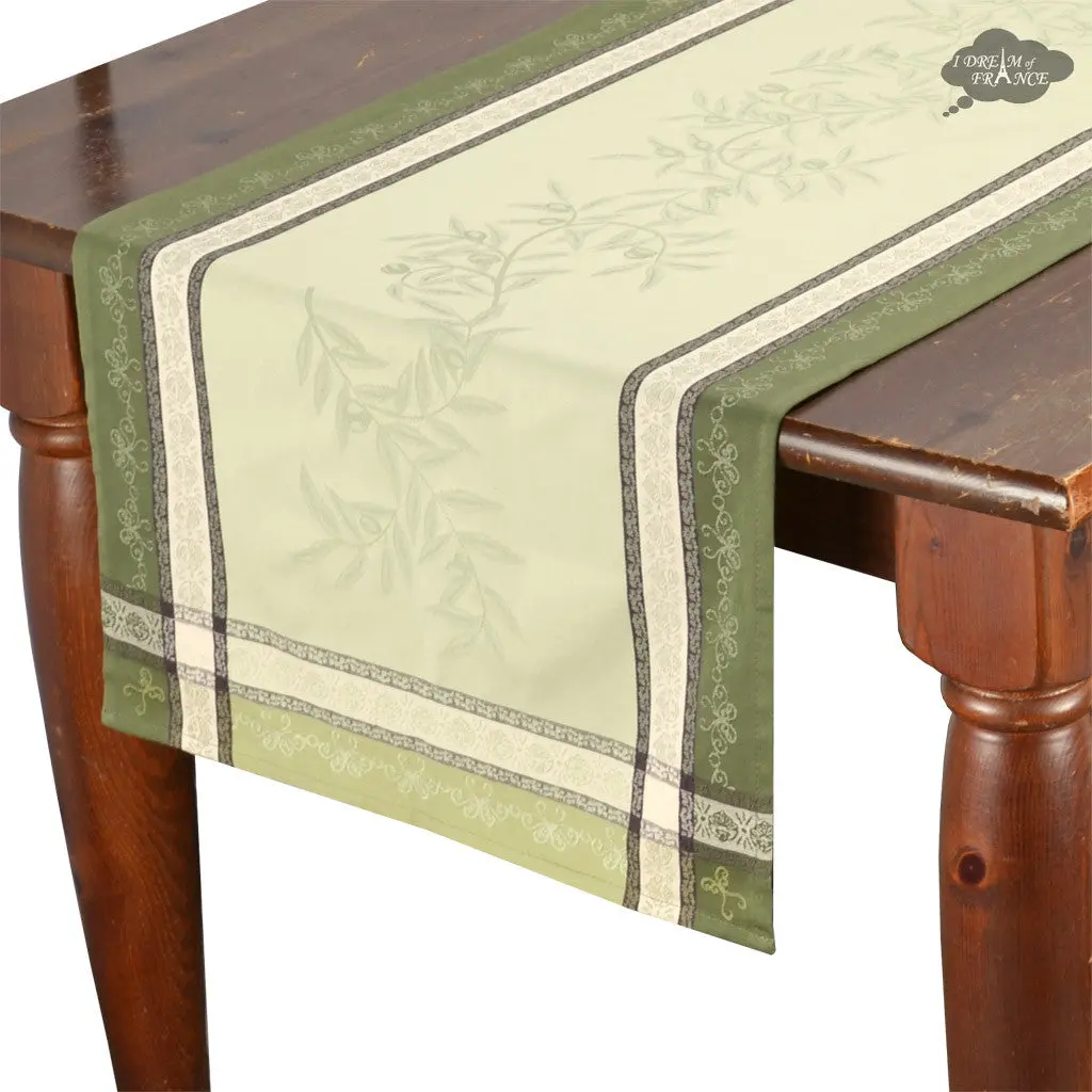 French jacquard table runner - Cotton - Rectangular - Olive green | L'Ensoleillade