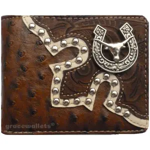 Western Men's Bifold Wallet Longhorn Design Ostrich Brown Finish