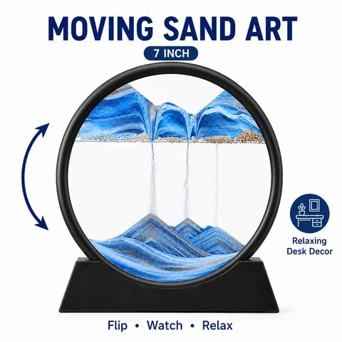 MIUVA 7-Inch Round Glass Rotating Sand Art Picture - 3D Deep Sea Quicksand Sandscape, Relaxing Interior Decor, Unique Gift for Adults, Office Desk & Living Room Ornament