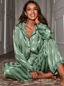 Moireta Contrast Binding Satin Pajama Set, Fall Clothes