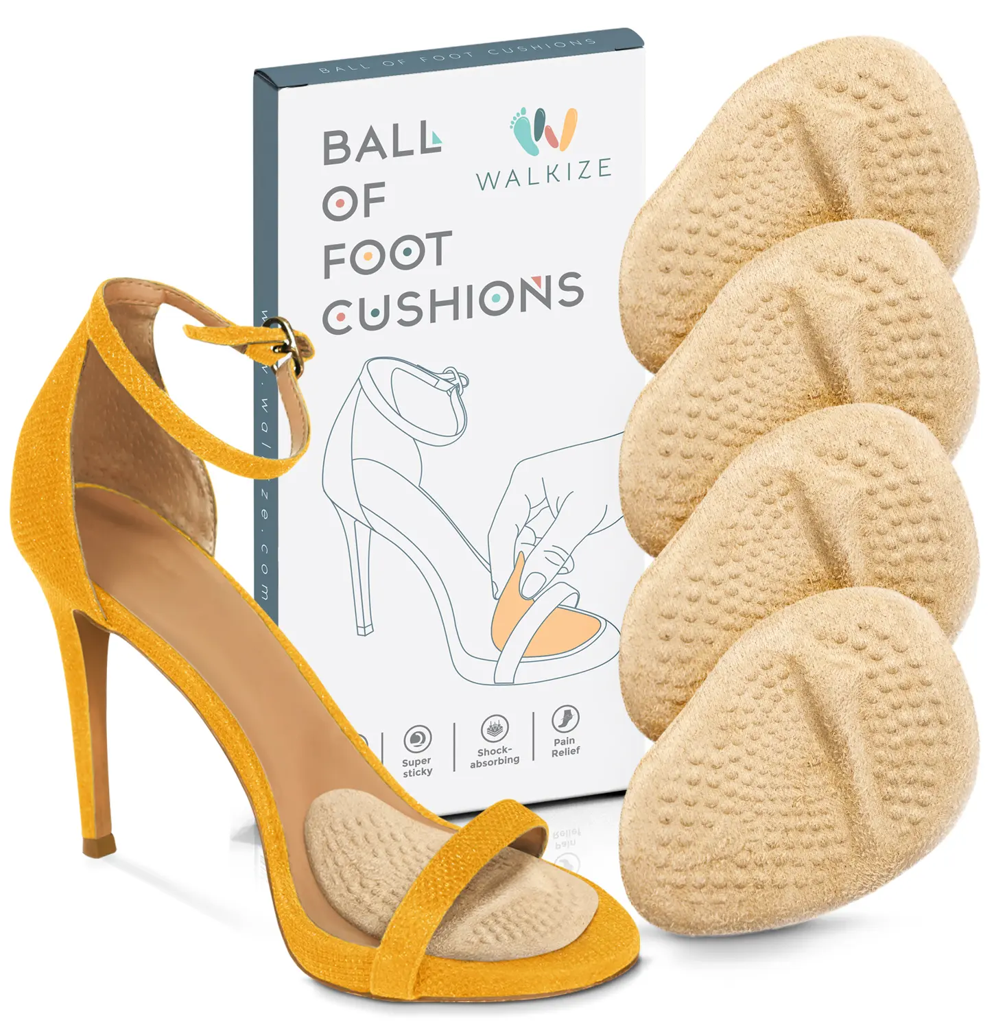 Walkize Metatarsal Pads Heel Inserts for Women Ball of Foot Cushions - 2 Pairs - All Day Pain Relief and Comfort One Size Fits Shoe Insoles