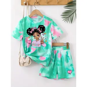 Girls' short-sleeve T-shirt and shorts 2-piece set, 3D printed short-sleeve T-shirt and shorts, cute cartoon pattern, casual, sporty, birthday party outfit, fashionable, comfortable material, machine washable