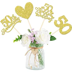 12 count 50th Anniversary Centerpiece Sticks Double Sided  Glitter Heart 50 Golden Wedding Anniversary Table Flower Centerpieces for Cheers to 50  Blessed & Loved Wedding Party Supplies