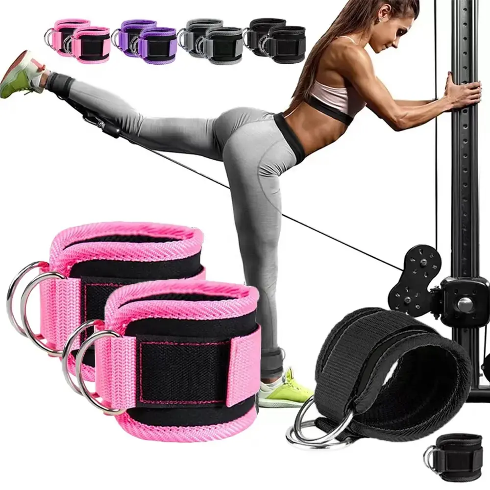 Nylon Double D-Ring Ankle Straps - Workout Gear, At Home Glute Workout Equipment, Home Fitness Safety Support (Pink, Black, Blue, Red)