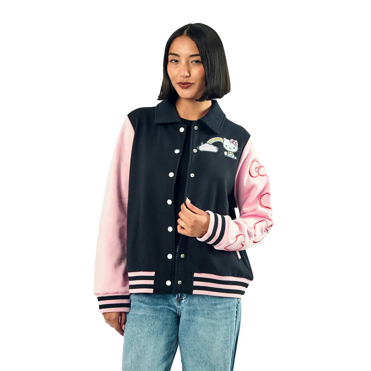 Sanrio Hello Kitty Varsity Jacket Women's Embroidered Rainbow Patch Button Up