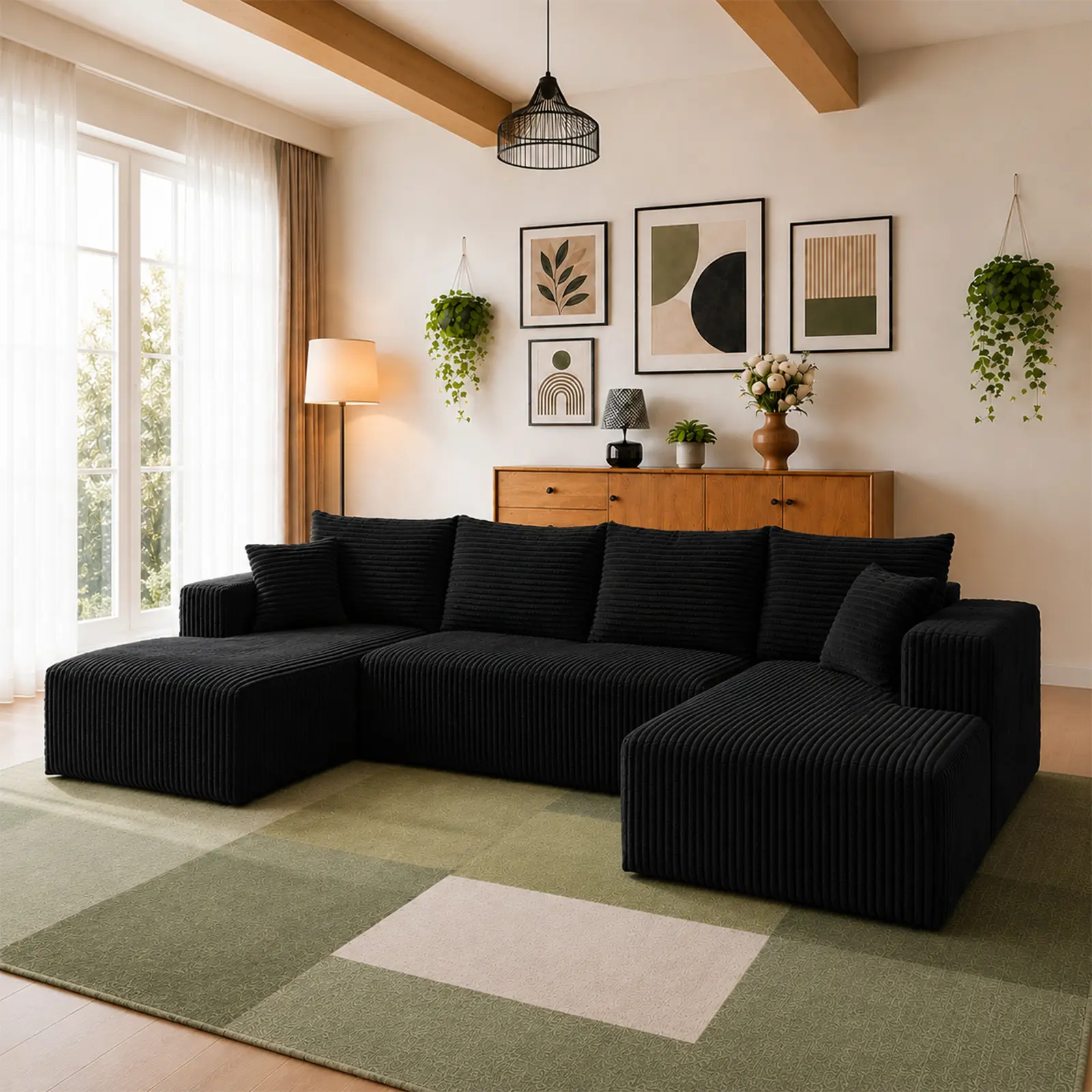 2-Pack U-Shape Cloud Modular Sectional Sofa - Boneless Black Corduroy Double Recline Couch, Vacuum Compressed, No-Assembly Indoor Living Room Furniture