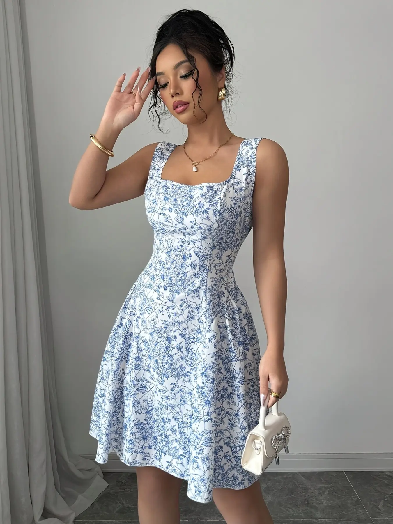 Floral Bow Tie Shoulder Strap Square Neck Sleeveless Casual Boho Chic Elegant Dress, No Back Straps, Fashionable and Stylish, Womenswear, Summer, Perfect for Various Occasions