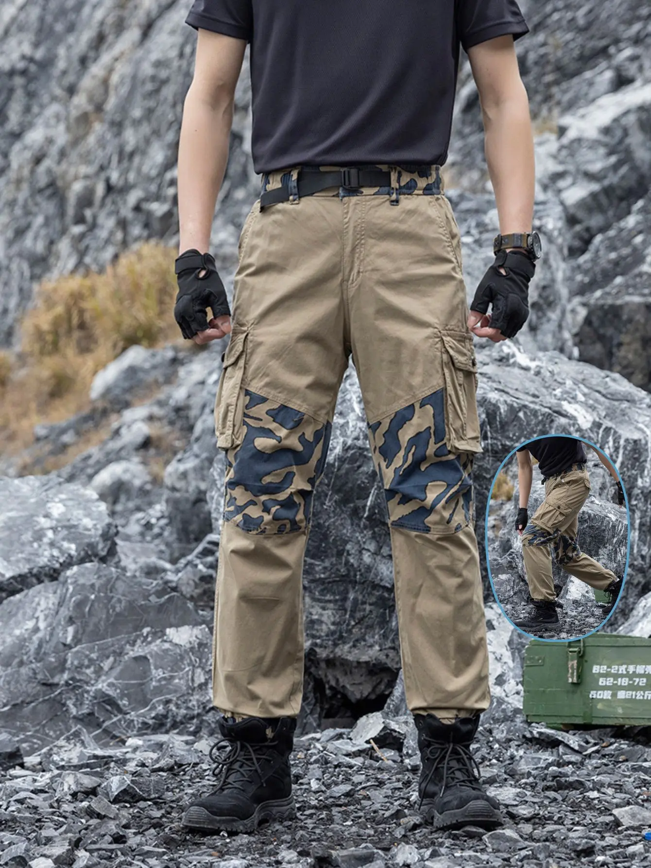 Retro camouflage patchwork jogger cargo pants — outdoor off-road wear, durable casual long pants