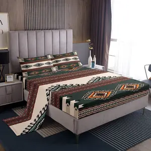 Western Bed Sheets,Southwestern Sheets for Boys Girls,Cowboy Aztec Bed Sheet Set,Blue Brown Beige Native Indian Tribal Navajo Bedding Fitted Sheet