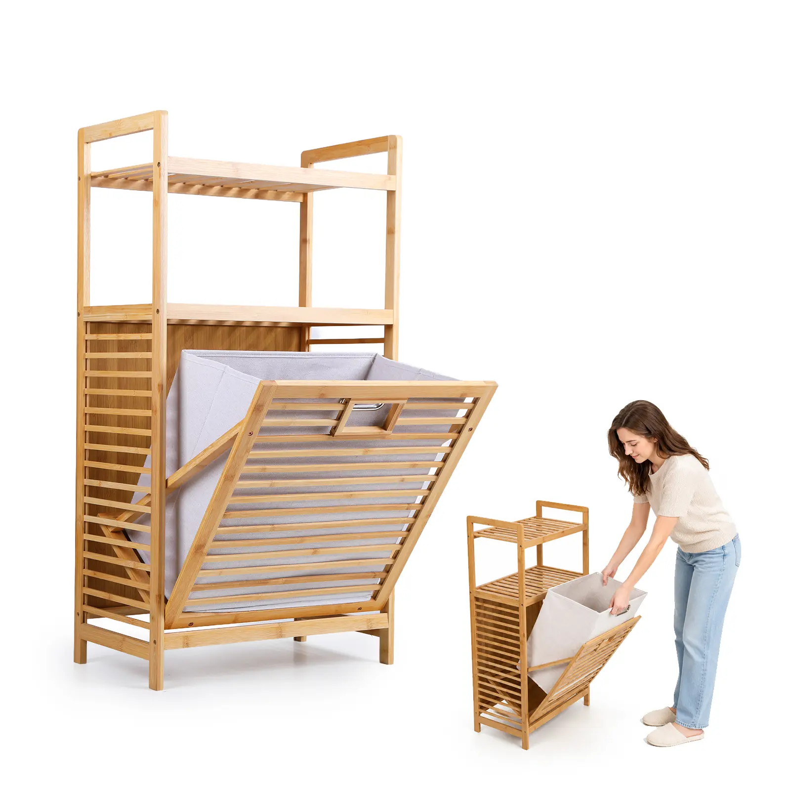 Laundry Basket Hamper with Wheels, Rolling Laundry Cart, Bamboo Material & Foldable Tilt-Out Design for Bedroom,Bathroom