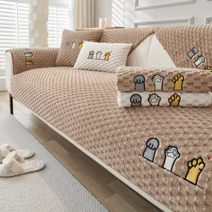 Plush Sofa Cushion Cover, Cute Cat Dog Paw Couch Cover, Thick Non-Slip Sofa Pad for 1/2/3/4 Seater, Washable Bubble Textured Sofa Throw, Pet-Friendly Anti-Scratch Couch Mat, Soft Sofa Protector, Beige Living Room Decor for Home