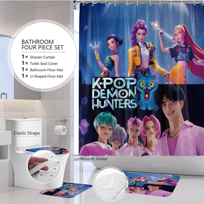 K-POP Demon Hunters Bathroom Set, Including Shower Curtain with 12 Hooks, Non-Slip Bath Rug, U-Shaped Toilet Mat, Toilet Lid Cover, Bathroom Decoration Accessories