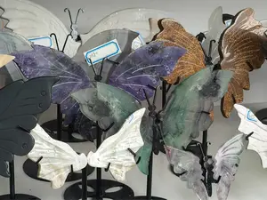 Natural Crystal Butterfly Wings Carved Ornament with Metal Stand