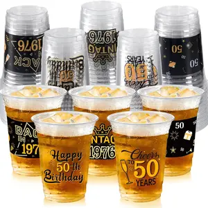 50 Pcs 16 Oz Black Gold Clear Disposable Plastic Drinking Cups Bulk for 50th Birthday Party Supplies Decorations for Women Men